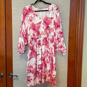 White birch XL, pink floral dress, ruffle tier hem NWOT 100% rayon
